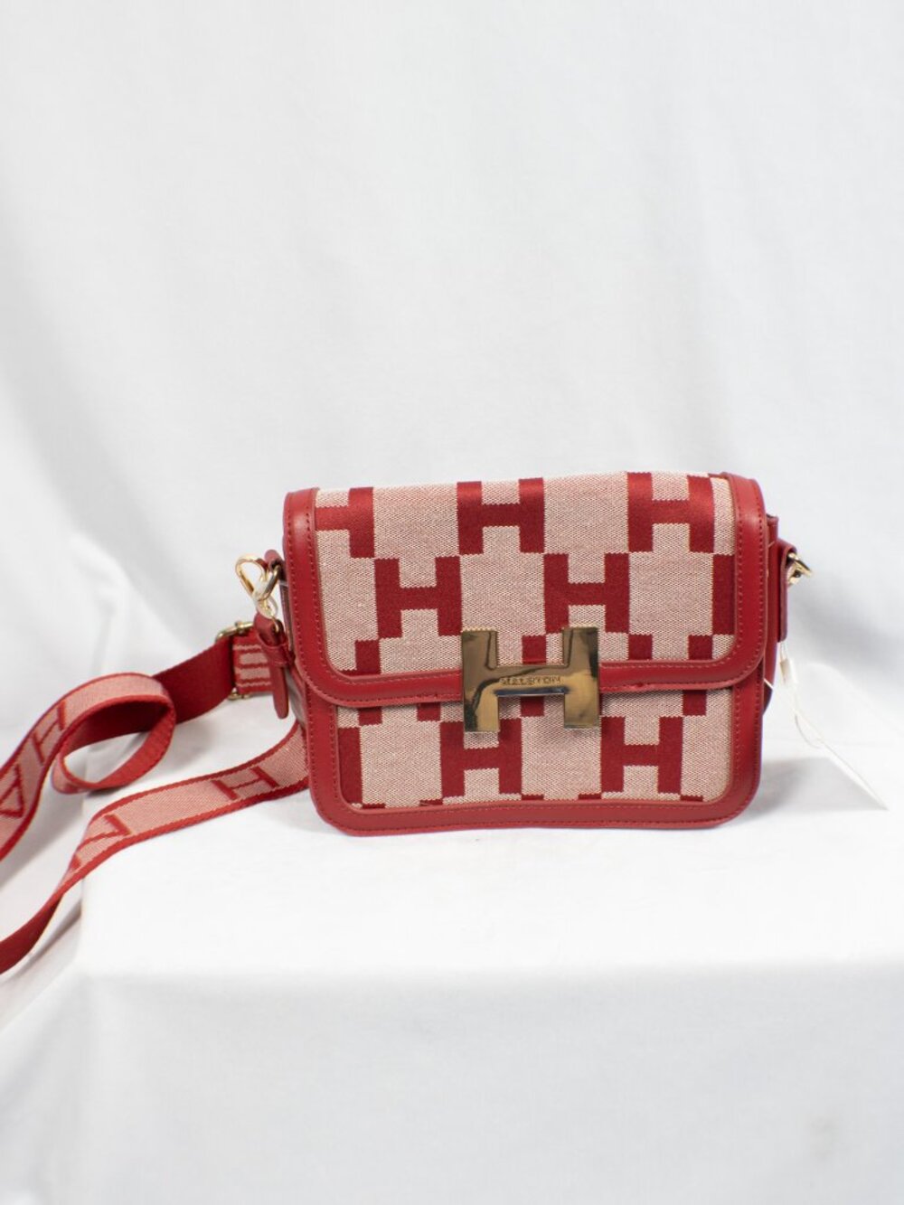 NWT Halston Monogram Jacquard Flap Crossbody Bag – Red & Cream